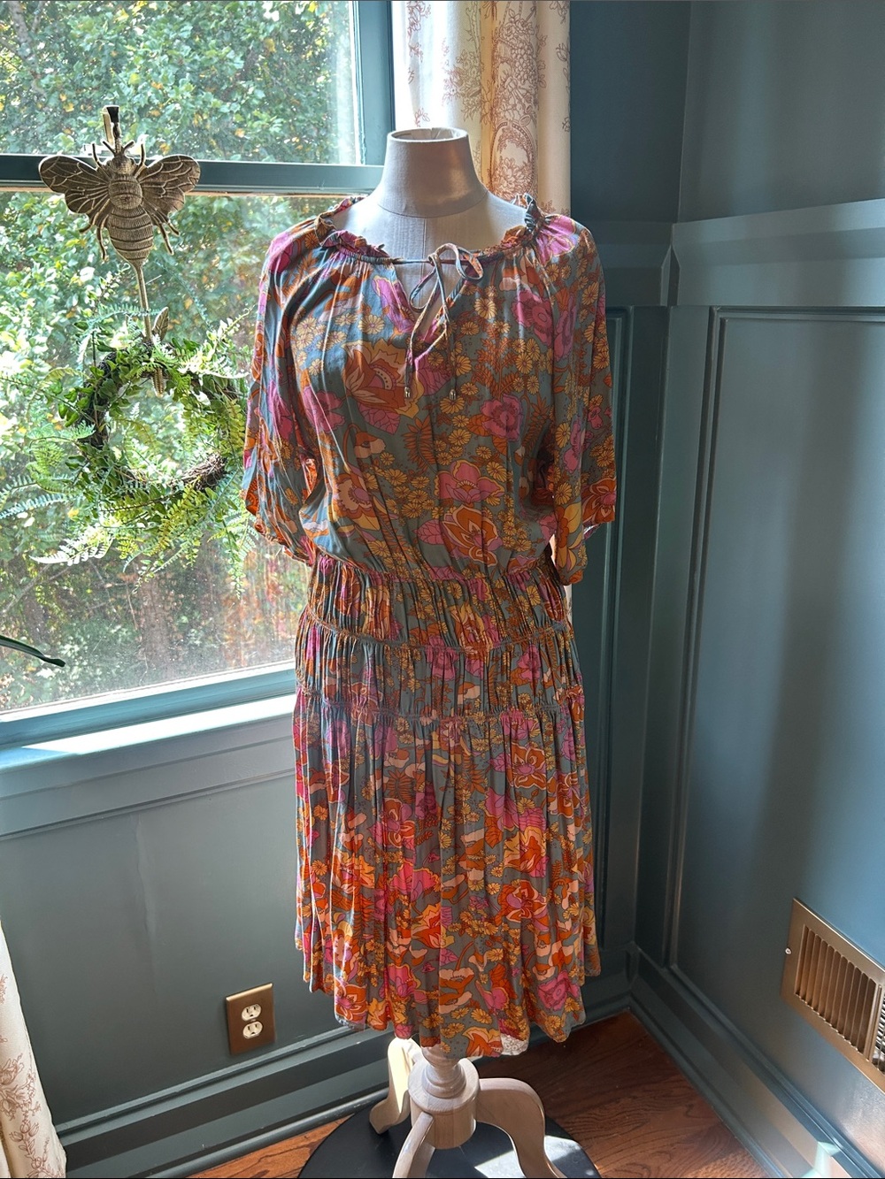 Floral Tie-Neck Smocked Midi Dress in Pink & Orange